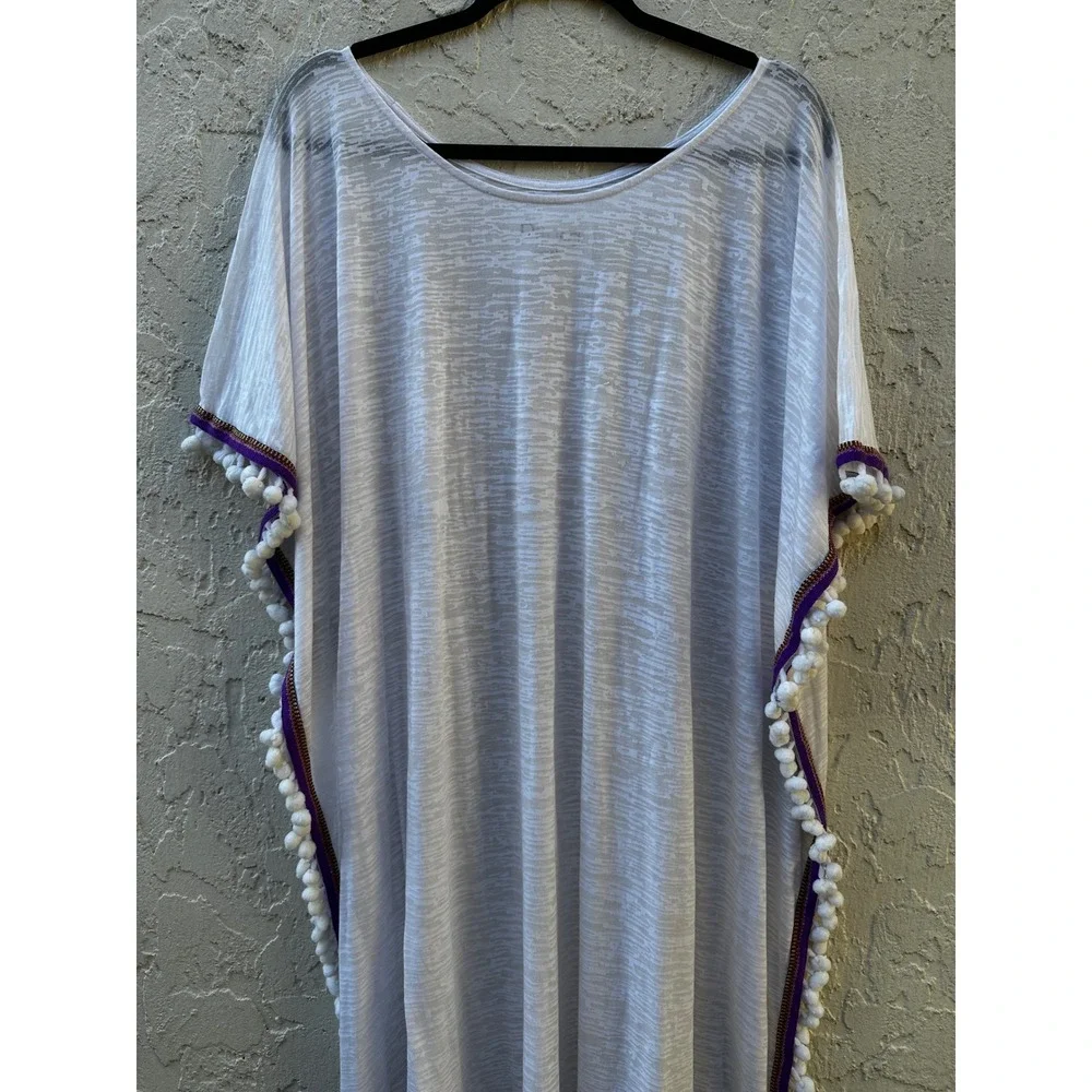Pitusa White Pom Pom Kaftan Maxi Dress Cover Up Beach Petite One Size Peru